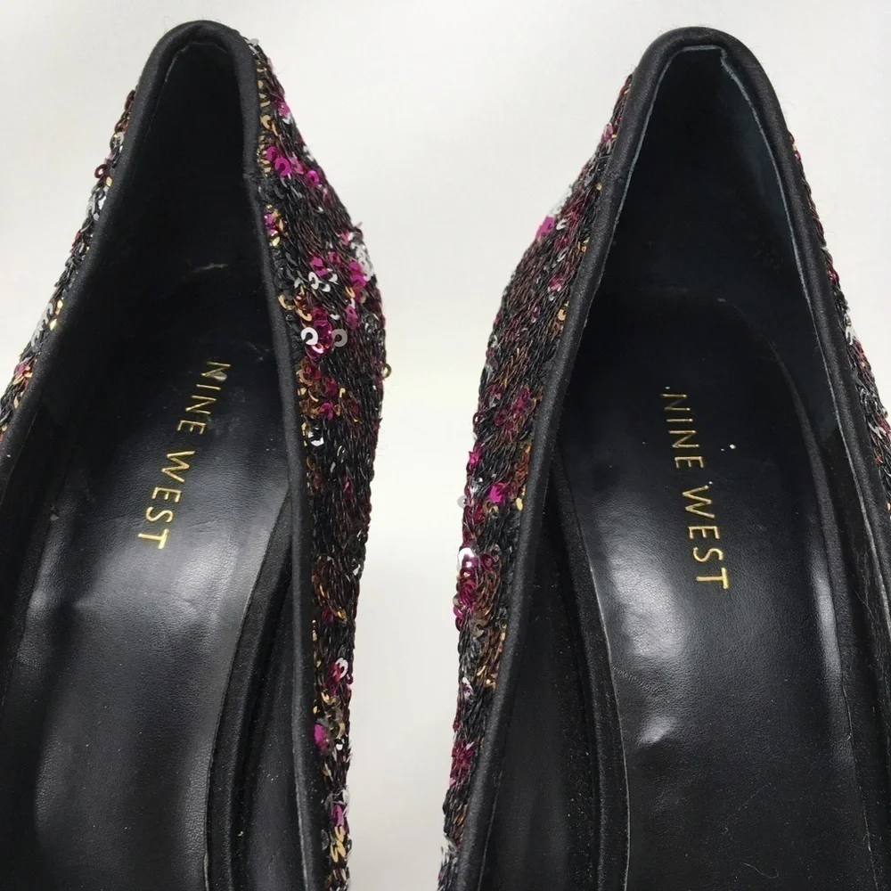 Nine West Heels Shoes Black Pink Satin Sequins 7.5